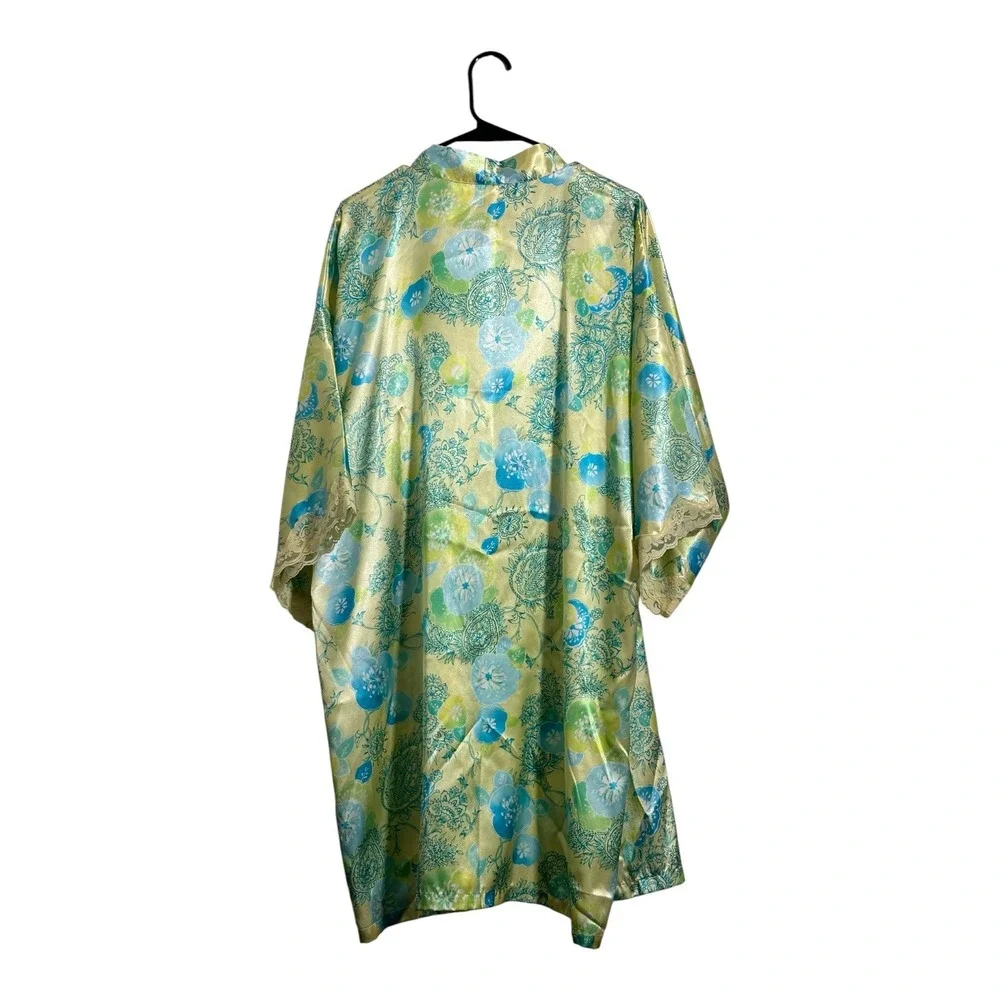 Secret Treasures Kimono Robe Tender Lemon Floral Paisley Lace Trim Satin Size XL